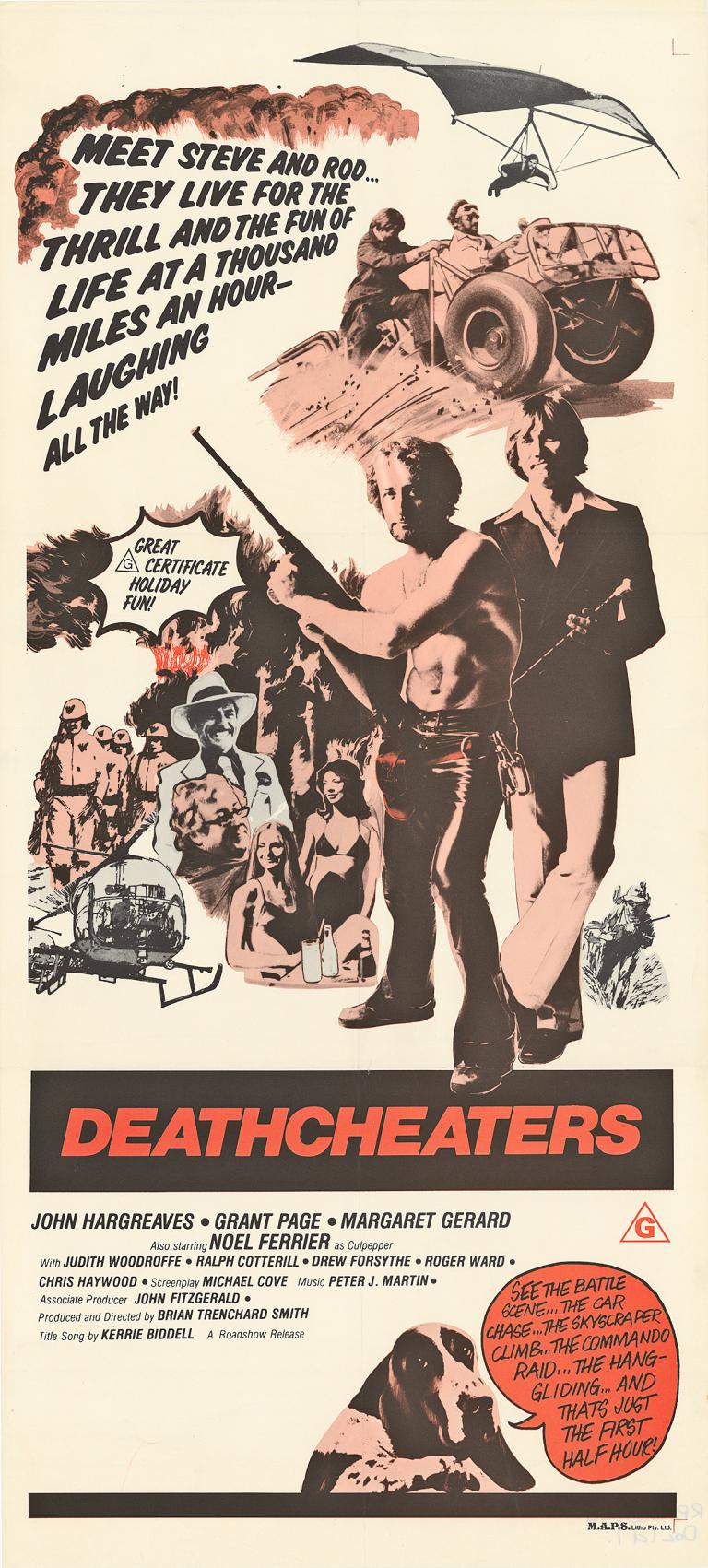 Deathcheaters Daybill Poster Poster showing men holding weapons, women in bikinis, vehicles, a dog, a helicopter and a hang glider all around the page with writing and film credits scattered among the images.
