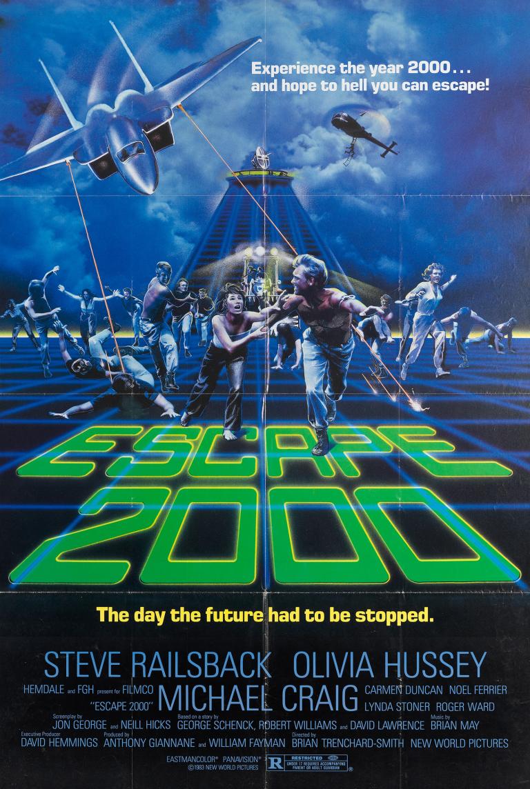 Escape 2000 (AKA Turkey Shoot) Poster for US Release Poster art in a futuristic style showing frantic people trying to run for cover as they are shot at by planes and helicopters overhead. At the bottom is the film title 'Escape 2000' and the credits.