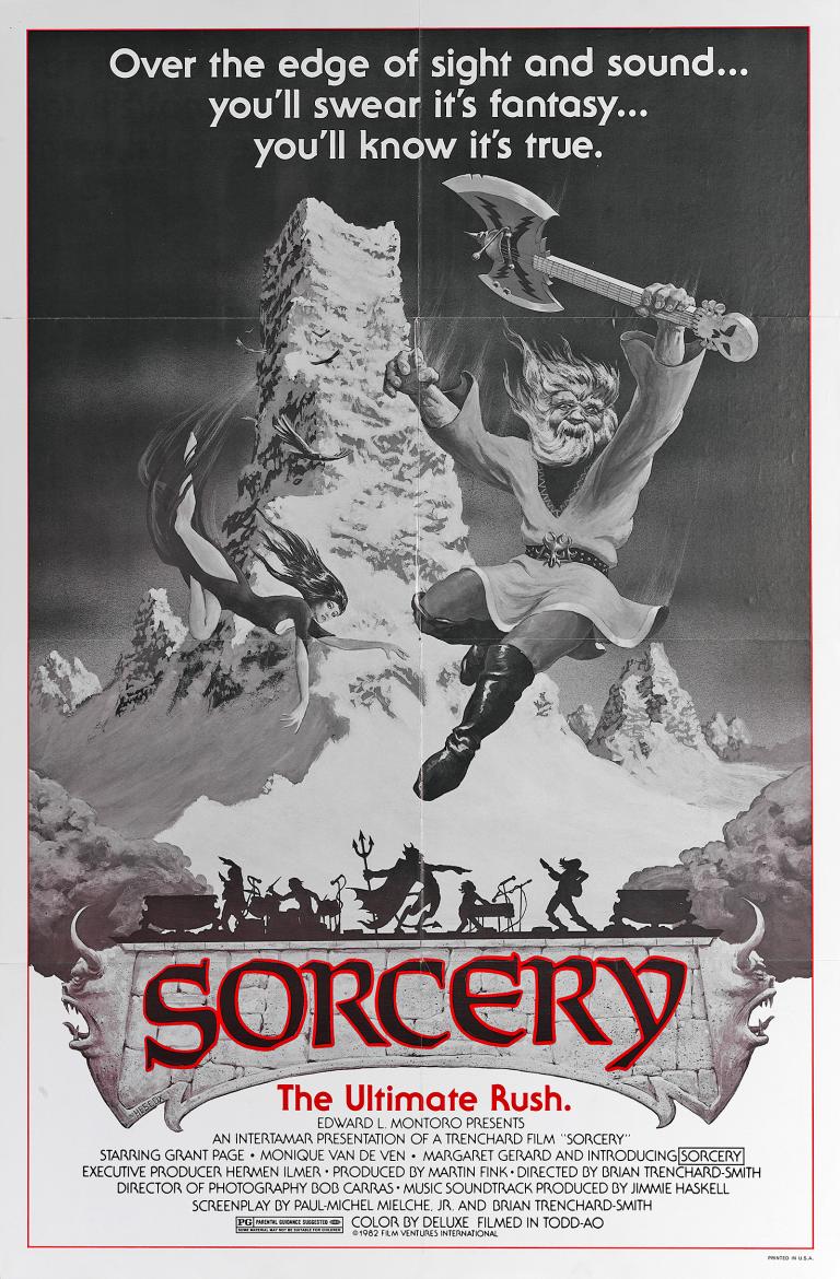 Sorcery (aka Stunt Rock) movie poster for US release Movie poster showing some fantasy-type imagery of Nordic-looking warrior holding an axe and leaping in the air. The film title 'Sorcery' is in large red letters and the bottom with the film credits below.