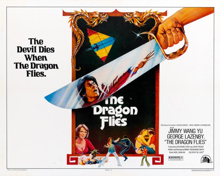 The Dragon Flies (The Man From Hong Kong) US Movie Poster Poster art for a film called 'The Dragon Flies' showing a handing holding a sword. Reflected in the sword is a man's face. There are also other drawings of different characters in the film and on a scroll that is bordered by dragons.