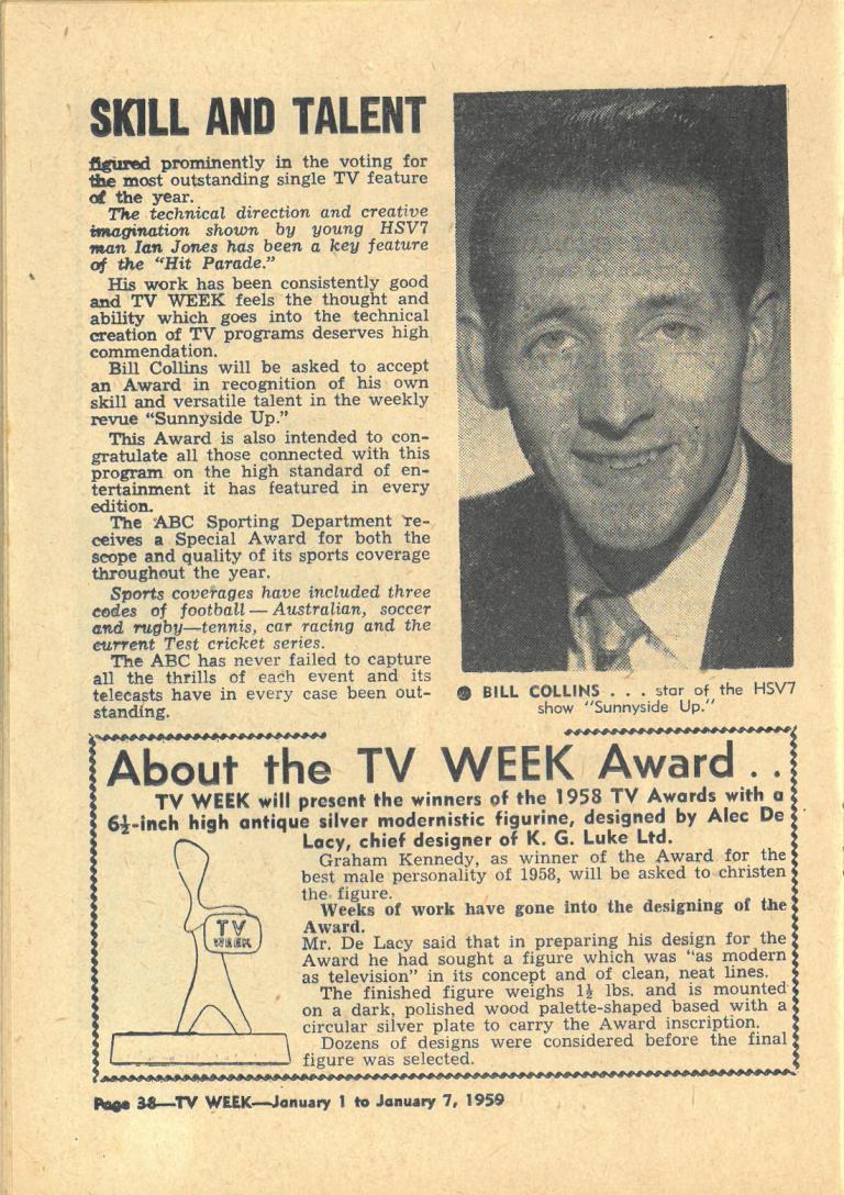 A page from TV Week magazine from January 1959. The page also features a picture of TV personality Bill Collins and a block of text. At the bottom is information about the TV Week Award.