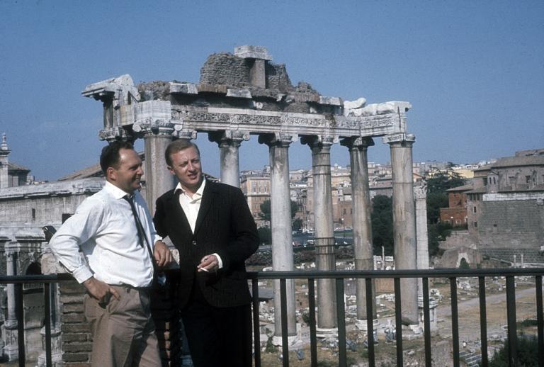 Graham Kennedy with unknown man overlooking the Roman Forum in Italy