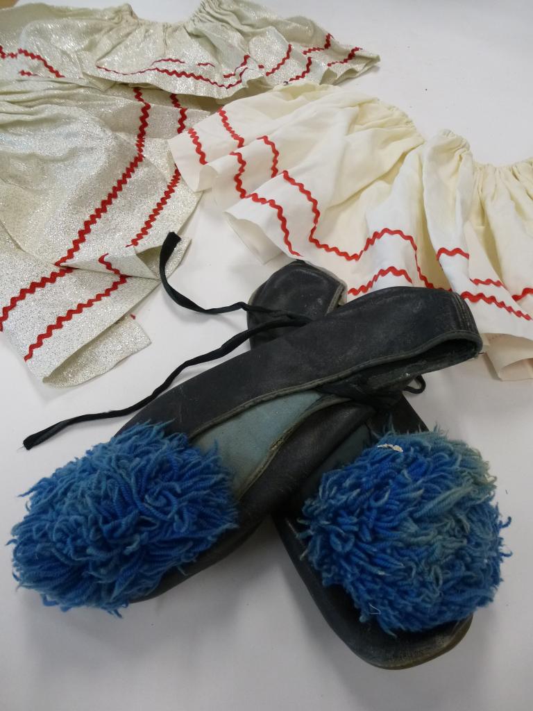 Bobo the Clown slippers, c1961-65 Black slipper with large, dark blue pompons