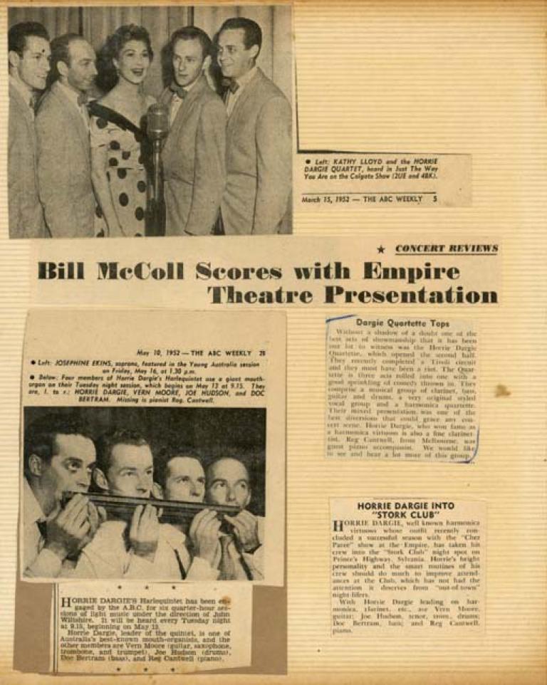 Page from a scrapbook with a photos of the Hoorie Dargie Quintet