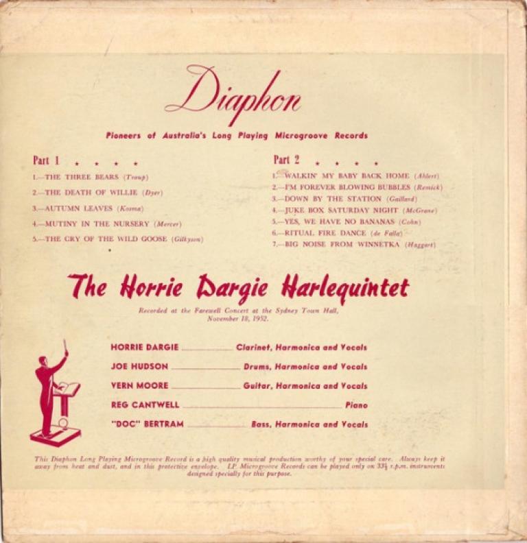 Recrod sleeve showing track listing and names of members of the Horrie Dargie Harlequintet.