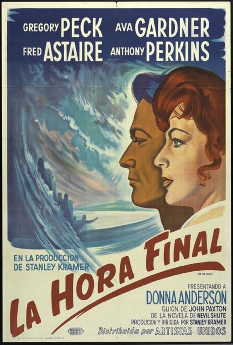 Profile of Gregory Peck and Ava Gardner.and a stylised image of a wave, people and land in the distance in different shades of blue. The film's title is in Spanish, La Hora Final in red font on the bottom of the poster.