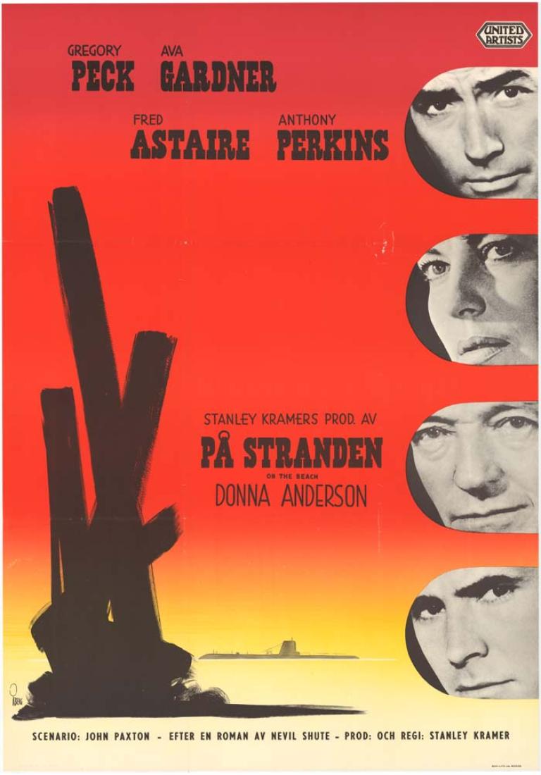 Sunset-coloured poster 'Pa Stranden'. Image depicts a submarine and black vertical shape near bottom left with black and white images of the film cast in a column at right. Printed signature 'ABERG' at bottom left. 