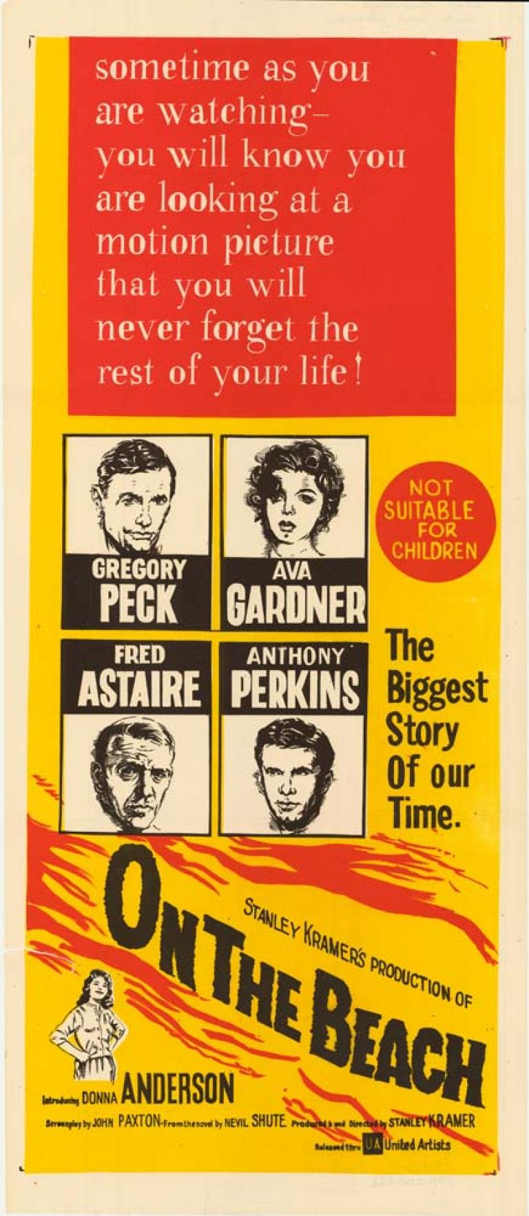  At the top is a large red square with text in white. The centre contains black and white portraits of the four main cast members, and diagonally across the bottom the title appears in black. The background is bright yellow.