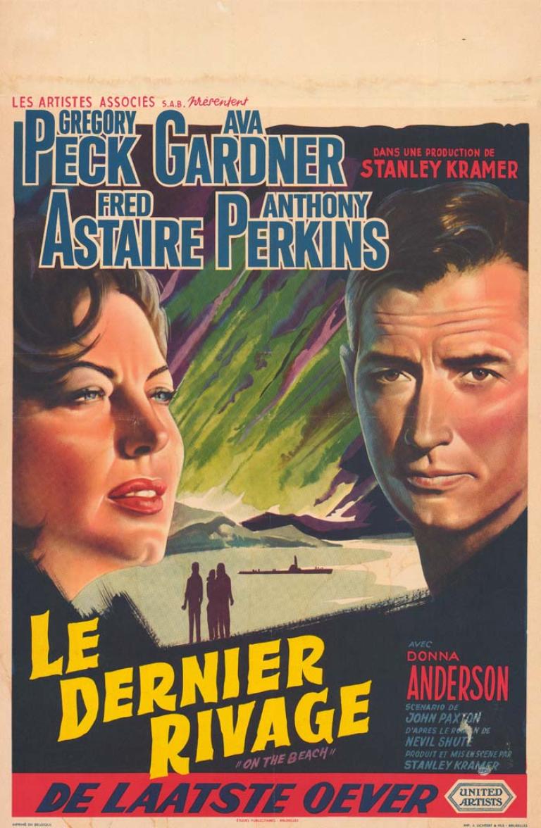Landscape illustration of a lake with submarine. 3 figures and a green and purple sky. A woman's and man's face flank the poster. Film title in yellow at the bottom.