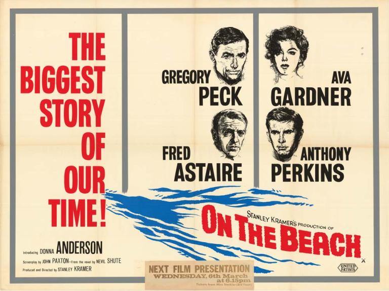 Left side reads in red 'the biggest story of our time!' Centre and right side contain four portrait illustrations of actors. Underneath reads 'Stanley Kramer's production of On the Beach,' with blue wave pattern cutting across grey border divisions.  