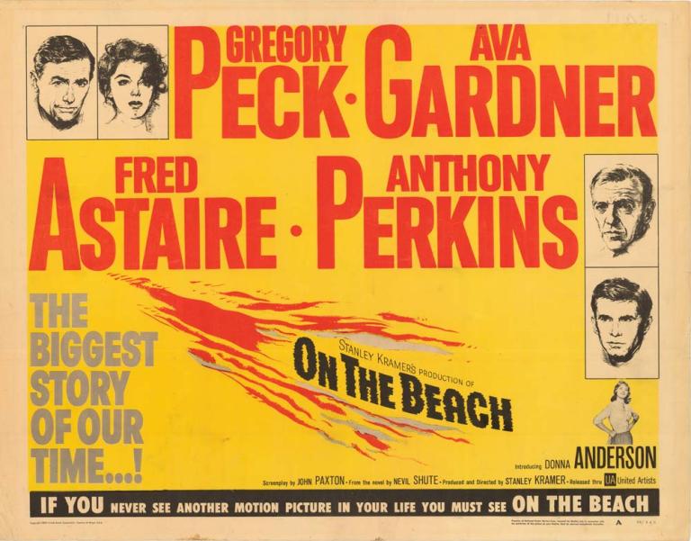 Yellow background with actor's credits in red. Four black and white boxed images of main actors' faces. Title diagonal in bottom half together with stylised red coloured shoreline, with text 'The biggest story of our time...!' on left. 