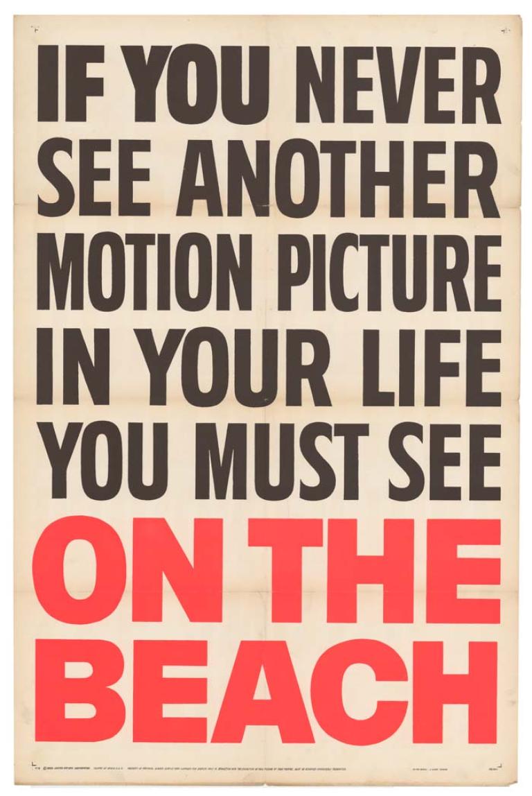 Comprises white background with black text reading 'If you never see another motion picture in your life you must see' orange text reads 'On the beach'