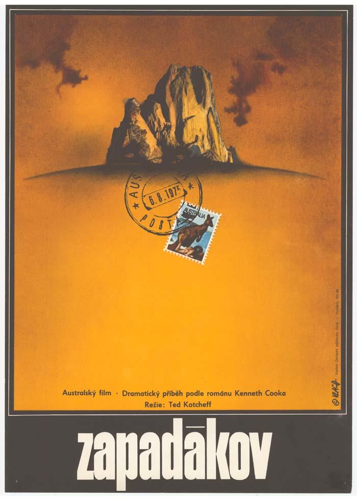 Czech poster: Wake in Fright Czech title 'Zapadakov' below an image of a rock outcrop against a yellow and brown background. Overlaying centre of image is an Australian 'stamp' featuring two kangaroos (one alive, one dead) 'postmarked' Australia and dated 6.8.1975.