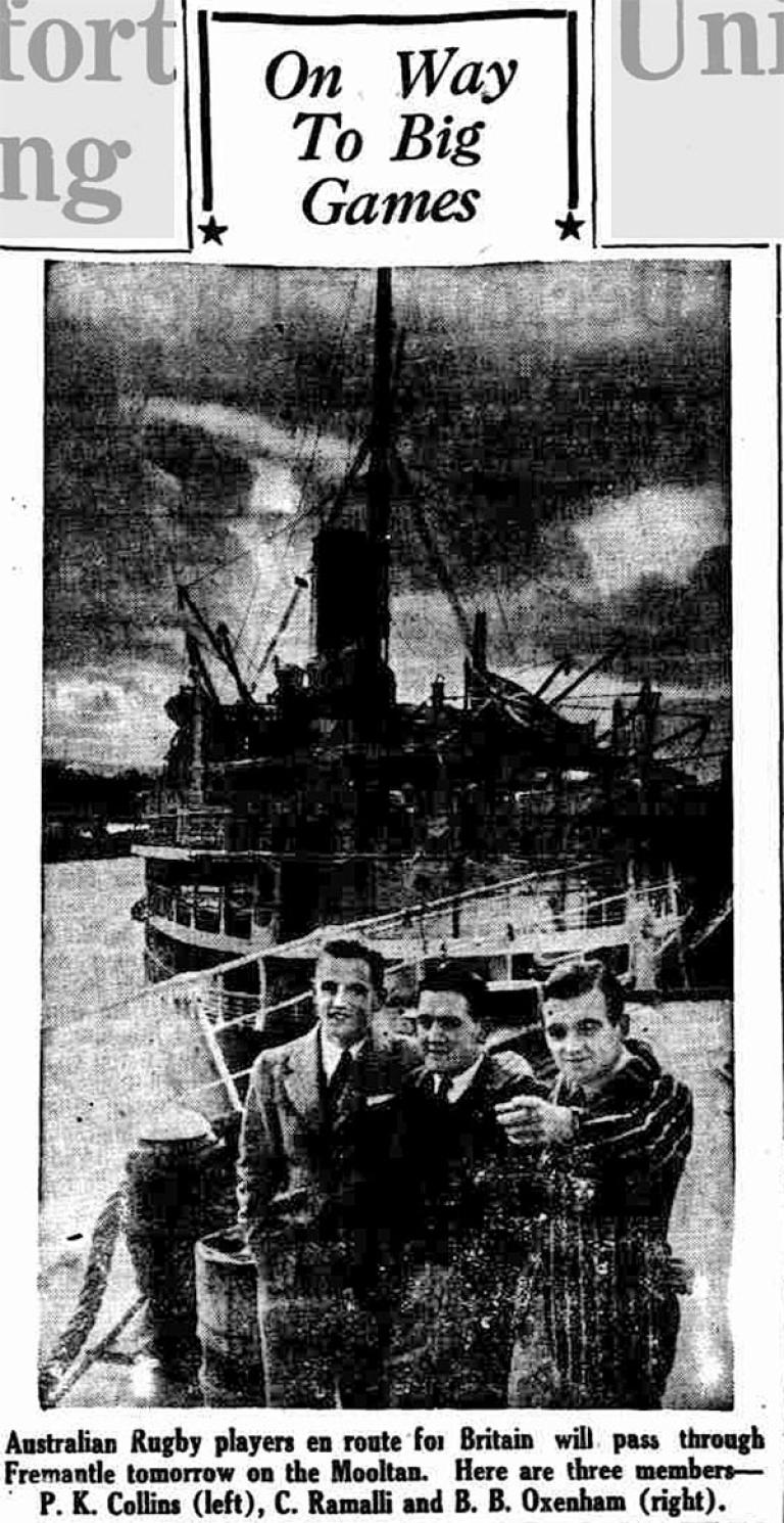 Newspaper article from 1939 about Australian Rugby Union Team leaving for UK.