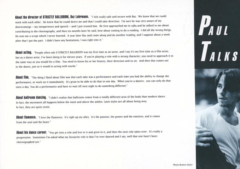 A page of quotes from Paul Mercurio, star of Strictly Ballroom, from a brochure promoting the release of the film and introducing its lead actor