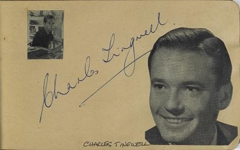 Charles Tingwell's autograph with picture cut from a magazine in Lesley Cansdell's autograph book