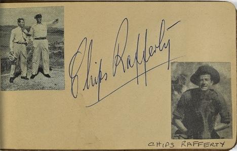 Chips Rafferty's autograph with two pitcures cut from a magazine in Lesley Cansdell's autograph book