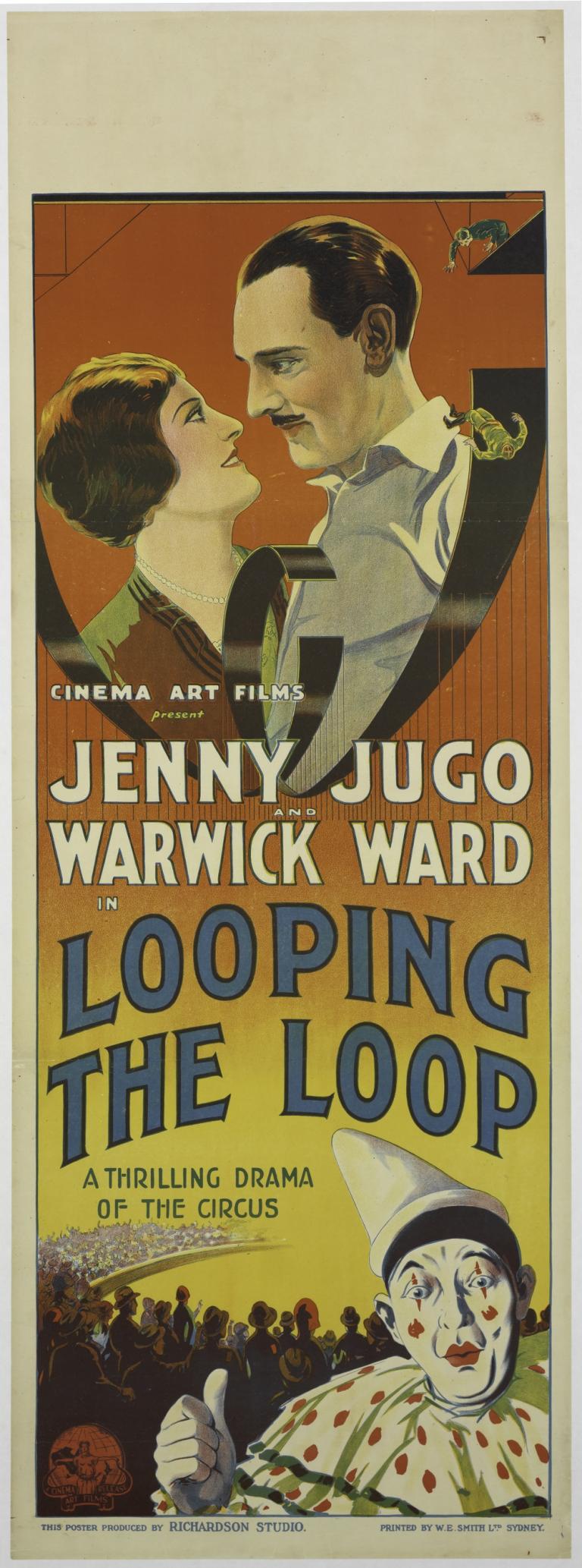Looping the Loop The poster features a man and woman gazing lovingly into each other’s eyes, framed by a looping slide with a person falling off it. At the bottom is a clown and crowd.