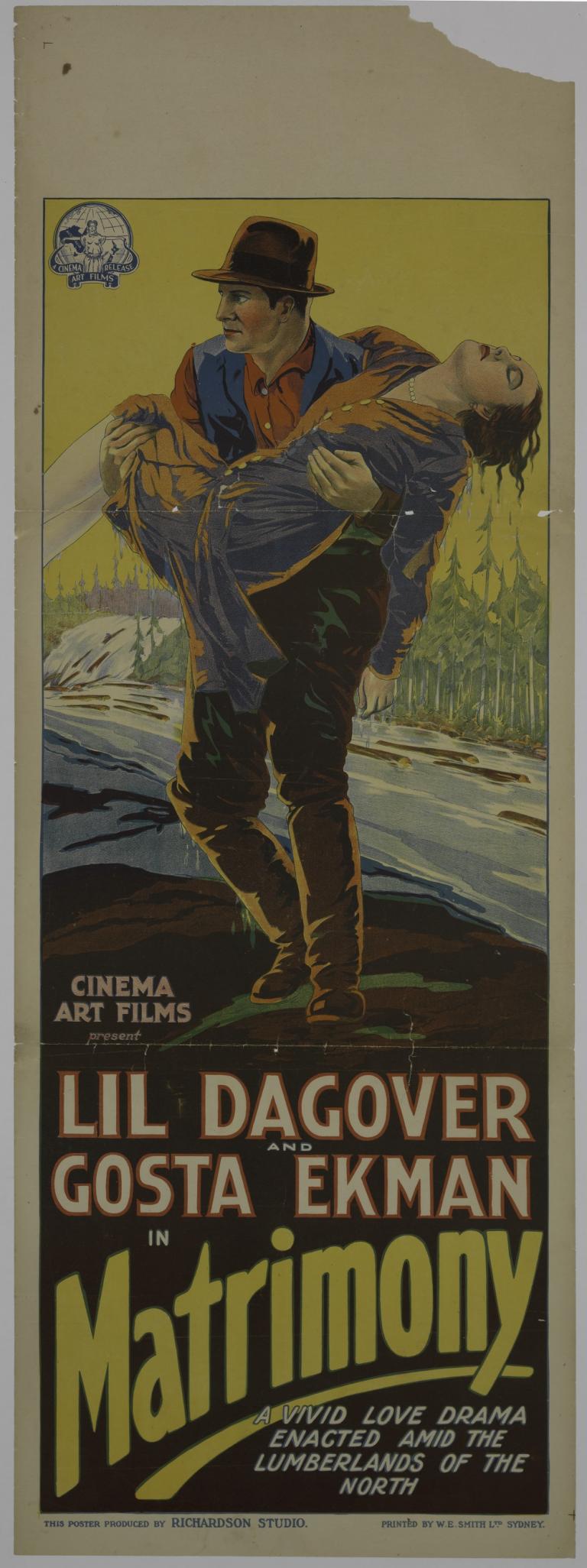 Matrimony Cinema poster showing a man carrying an unconscious woman having rescued her from the log filled, raging river.