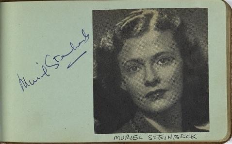 Muriel Steinbeck autograph with picture cut from a magazine in Lesley Cansdell's autograph book