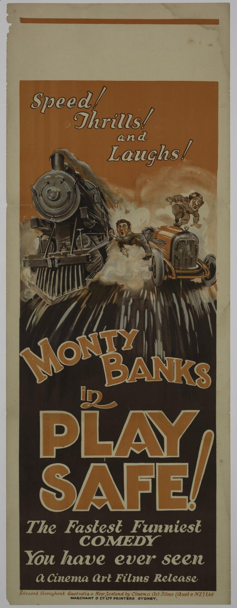 Play Safe This cinema poster features a train and car hurtling toward the viewer with two men in precarious situations, one jumping between the car and train and one balancing on the car.