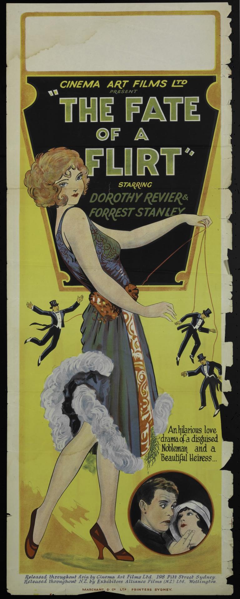 The Fate of a Flirt The poster features Dorothy Revier in an intricate flapper-style dress controlling three miniature gentlemen in tuxedos and top hats like marionettes, emphasising the control she yields over them.