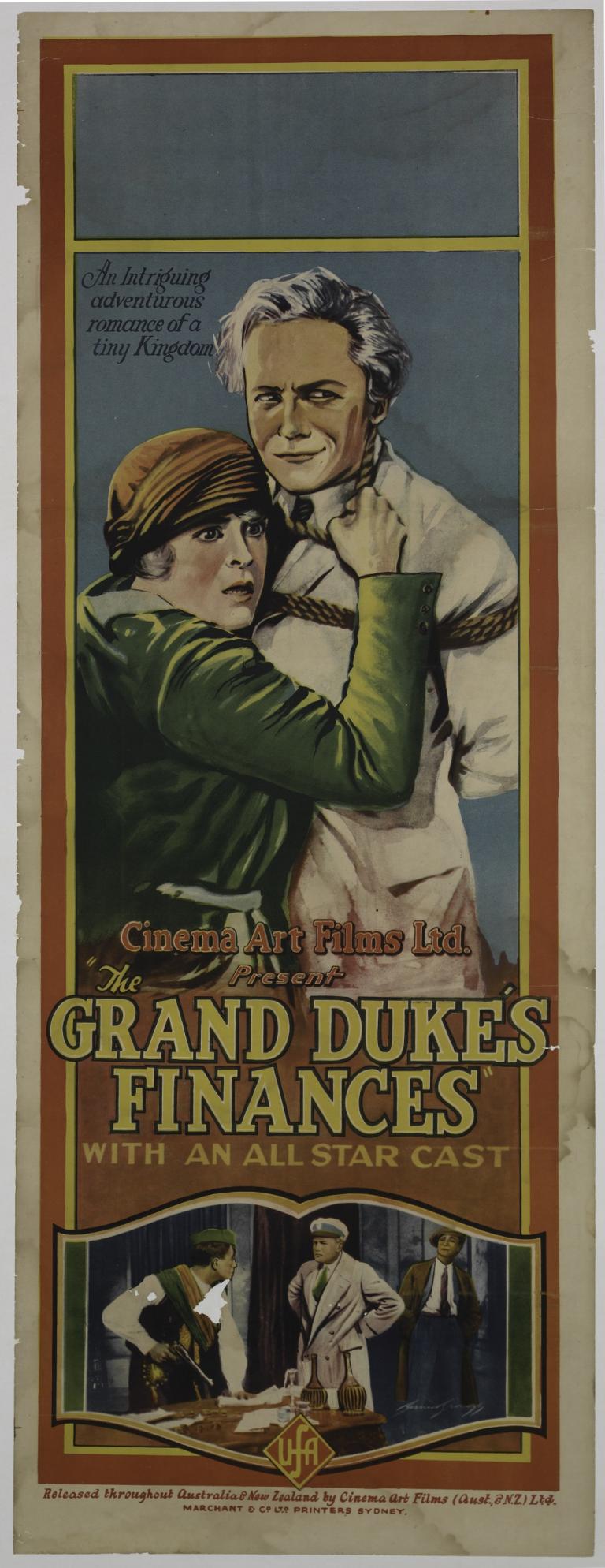 The Grand Duke's Finances Cinema poster featuring a tied-up Grandduke of Abacco (Harry Liedke) with a distressed Olga (Mady Christians) trying to free him. Below is a scene of three men having a conversation and one holding a gun.