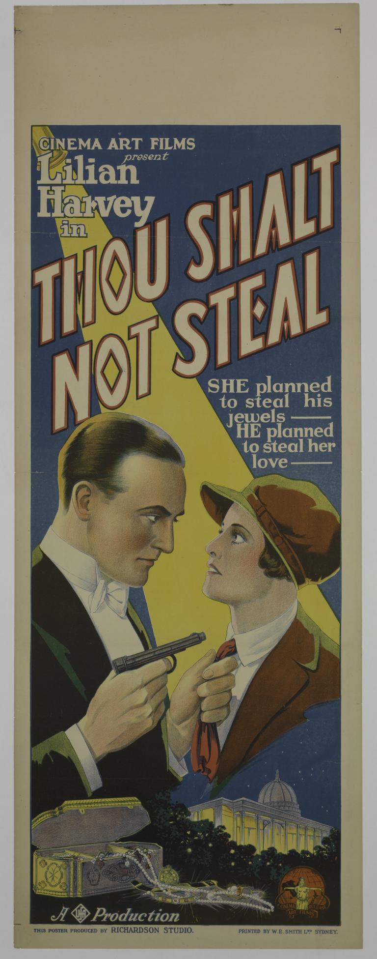 Thou Shalt Not Steal The night-time setting of this poster is striking with the main image of a well-dressed man holding a woman's neckerchief and threatening her with a gun. A mansion and jewellry box appear at the bottom.
