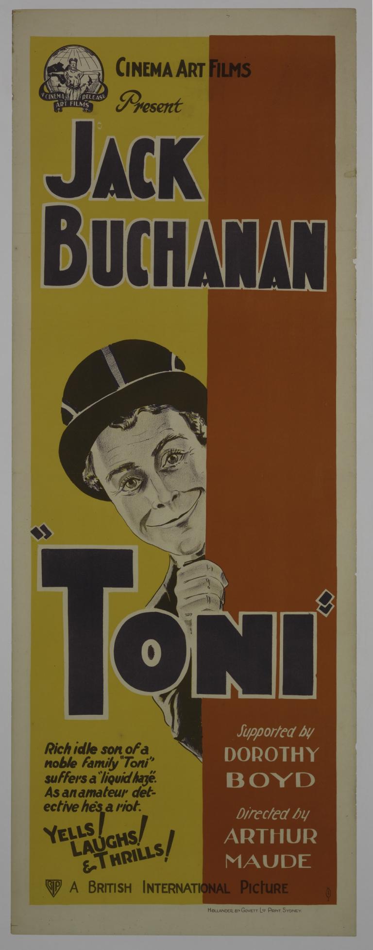 Toni Cinema poster of Toni (Jack Buchanan) dressed in a suit and top hat peeking out from behind a red panel.
