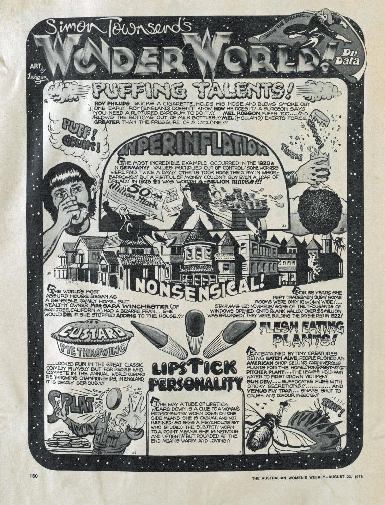 Page from the Simon Townsend's Wonder World! magazine for kids featuring amazing facts on different topics.