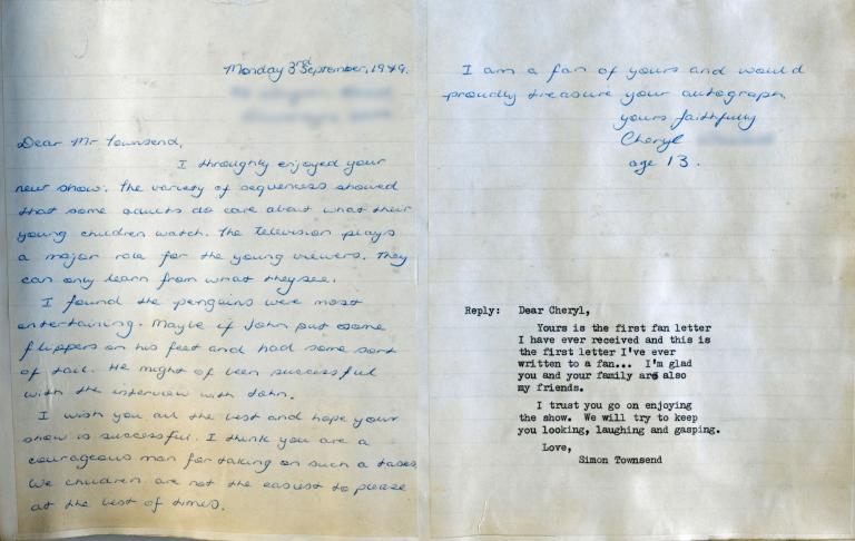 A letter written to Simon Townsend by a young fan after the first episode of Simon Townsend's Wonder World. The sentiment of the letter is complimentary and encouraging.