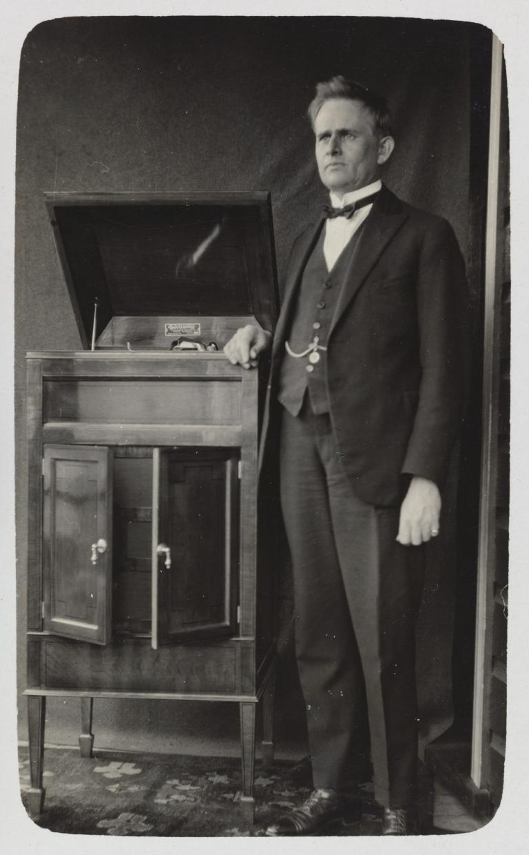 Stuart Booty standing next to his Vitavox Gramophone
