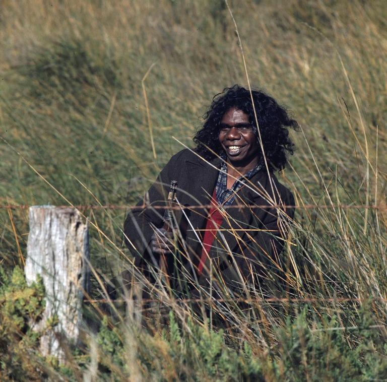 David Gulpilil smiling on the outdoor set of Storm Boy