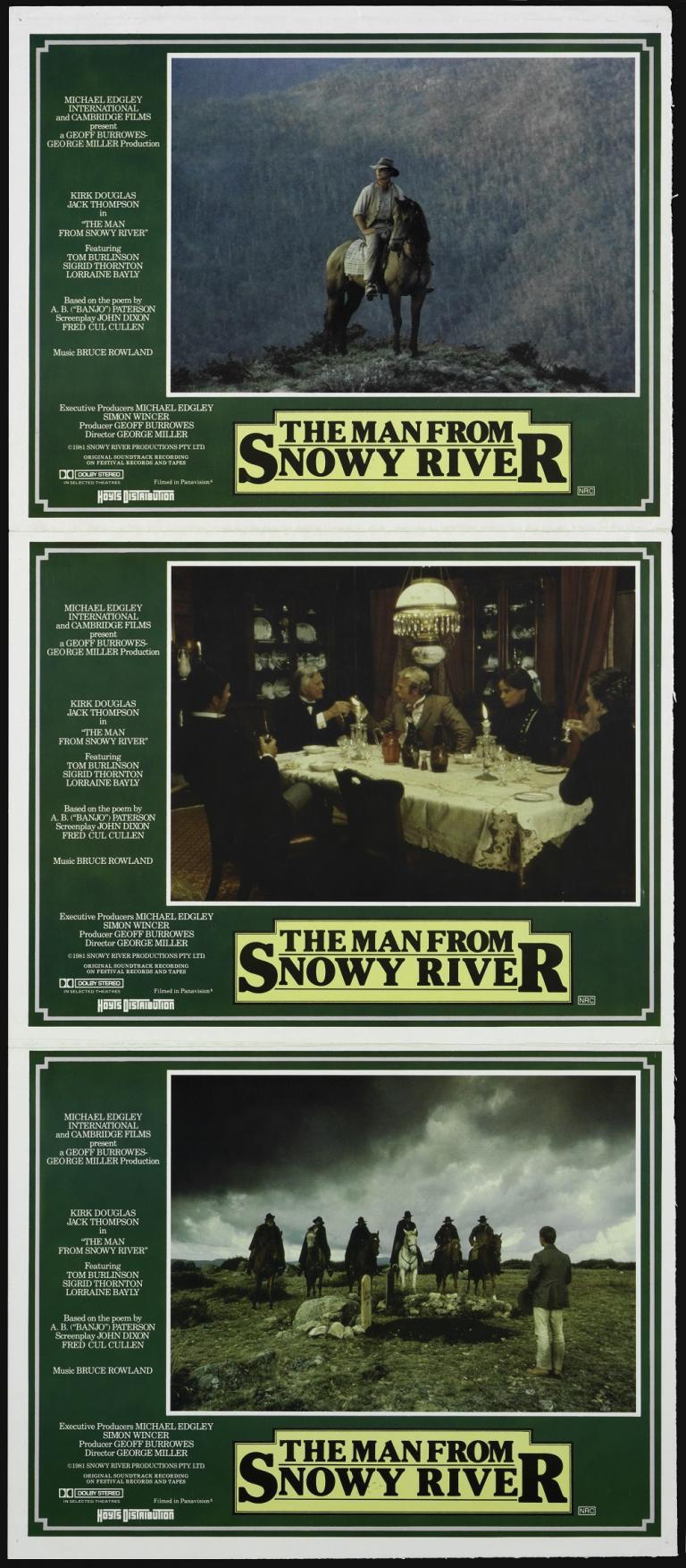 Three lobby cards with scenes from the film. Tom Burlinson on a horse. Jack Thompson and others at dinner in a rich house. People gathererd around a lonely grave. 