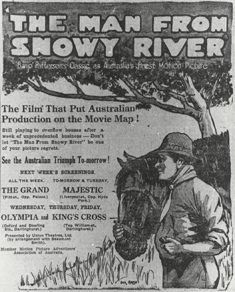 Newspaper advertisment for the 1920s film version of The Man From Snowy River depicting a man standing with a horse in the landscape