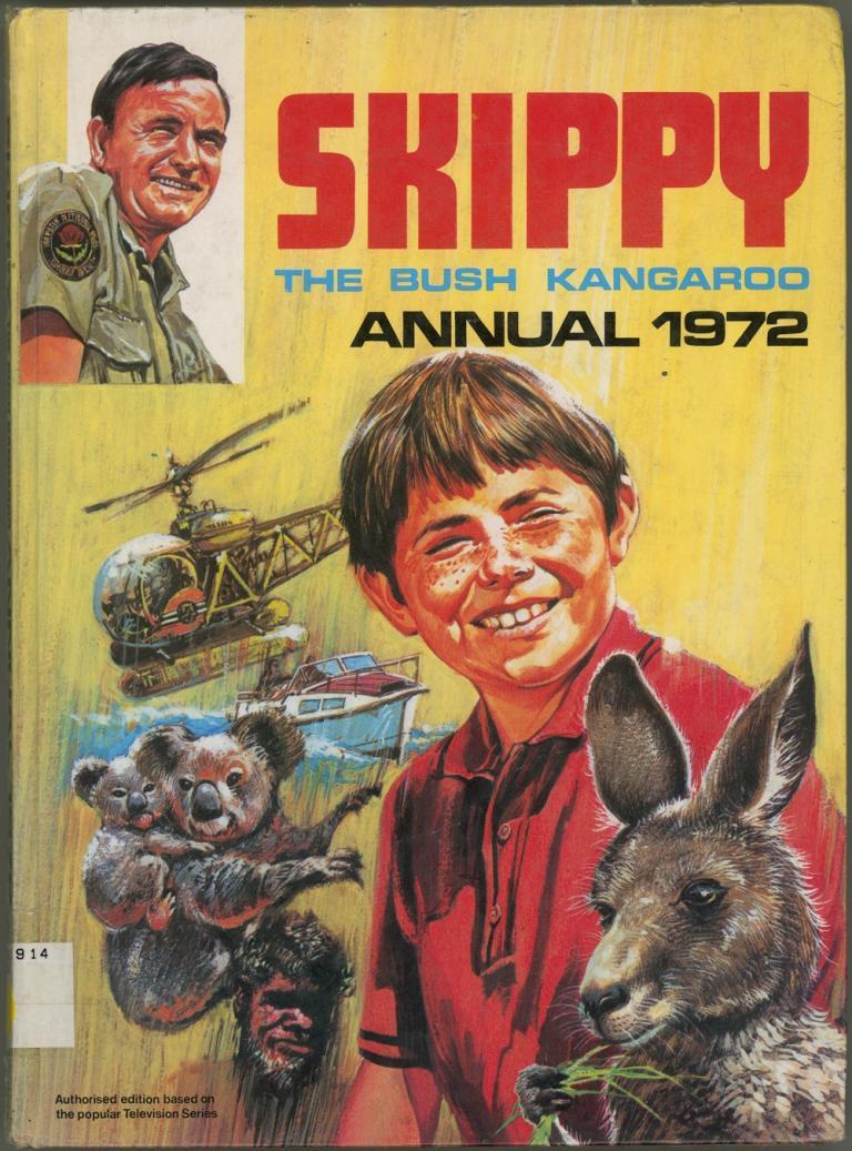 Cover of book showing illustrations of a kangaroo and koalas, helicopter and speedboat. Plus a young boy and a man. Text reads, "Skippy Annual 1972'. Cover of book showing illustrations of a kangaroo and koalas, helicopter and speedboat. Plus a young boy and a man. Text reads, "Skippy Annual 1972'.