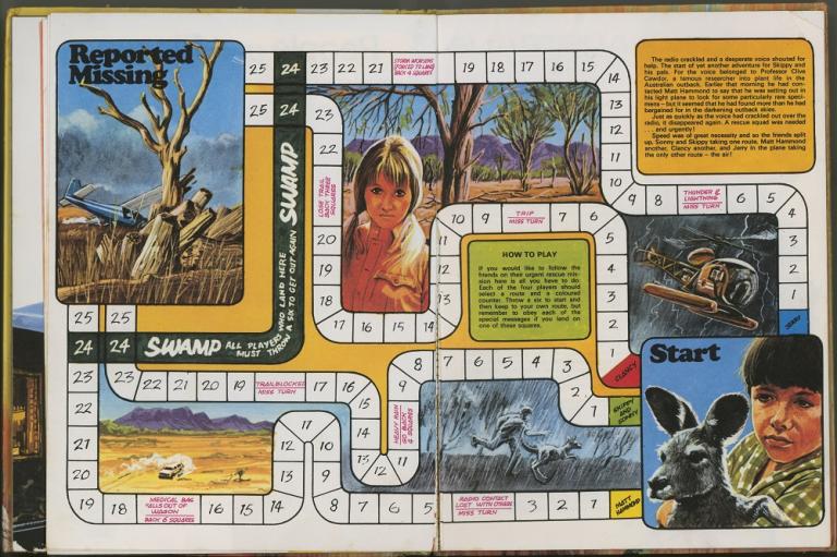 Double page spread of children's roll-and-move Skippy game.