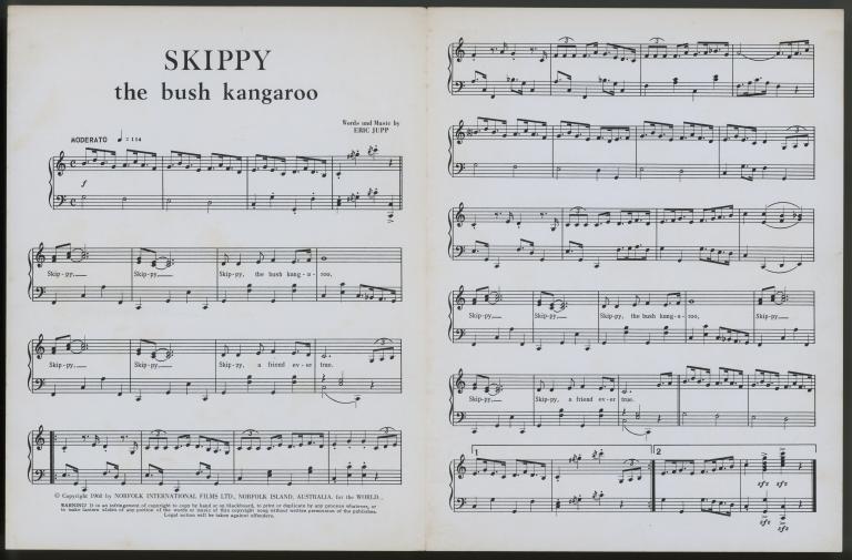 Double page of sheet music titled 'Skippy the Bush Kangaroo', words and music by Eric Jupp. Double page of sheet music titled 'Skippy the Bush Kangaroo', words and music by Eric Jupp.