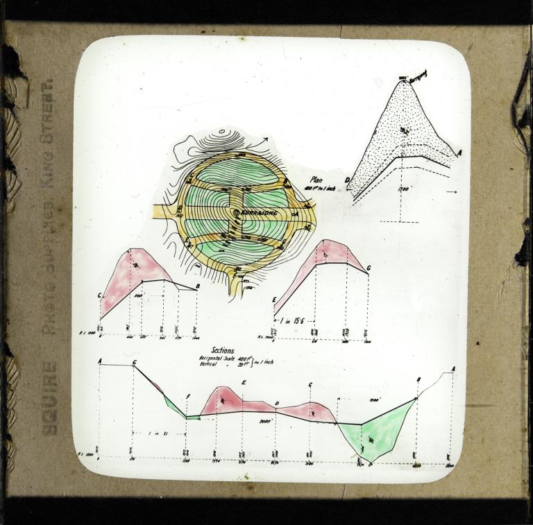 Glass slide showing a plan and four section drawings of the roadworks planned for the inner circuit of Kurrajong Hill as proposed by Walter Burley Griffin. 