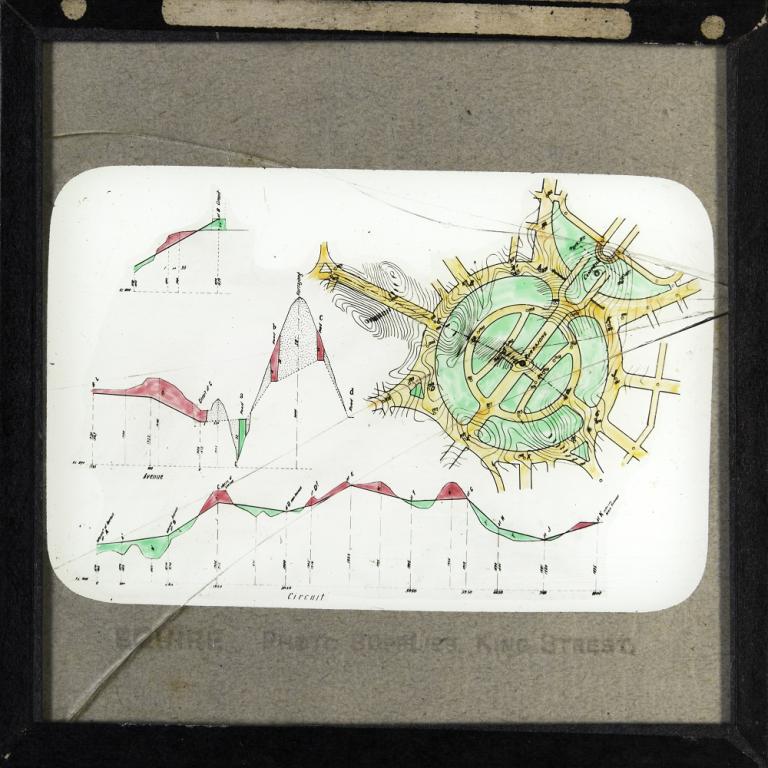 Glass slide showing a plan and three section drawings of roads for the wider area of the circuit around Kurrajong Hill, as proposed by Walter Burley Griffin. 