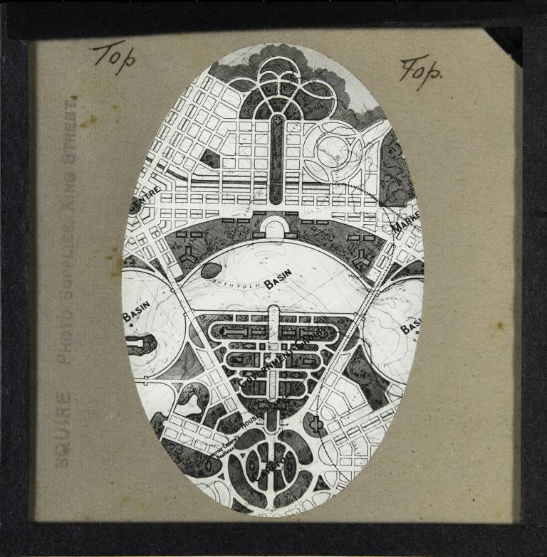 Glass slide focussing on the Central Basin, which Burley Griffin referred to as the Segmental Basin, with only part of the West and East Basins visible.