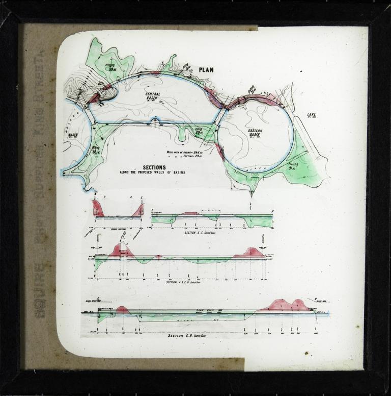 Glass slide showing a plan and three section drawings for the proposed basin walls for the lake, as per Walter Burley Griffin's Preliminary Plan. 