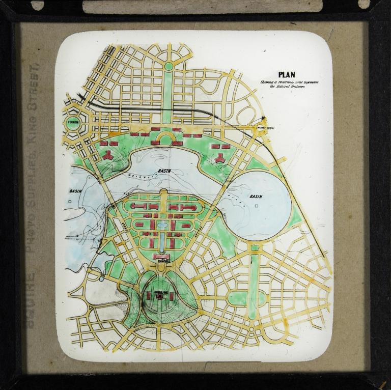 Glass slide of proposed lake showing rearrangement to preserve the natural features.