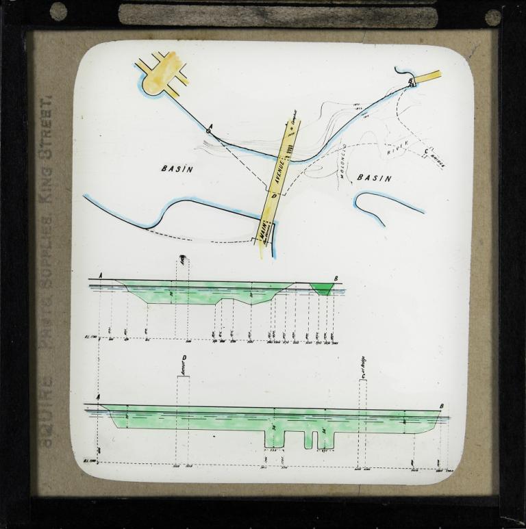Glass slide showing a plan and two section drawings of the main avenue bridge crossing over the Central and Western Basins and the depth of lake under the bridge. Glass slide showing a plan and two section drawings of the main avenue bridge crossing over the Central and Western Basins and the depth of lake under the bridge.
