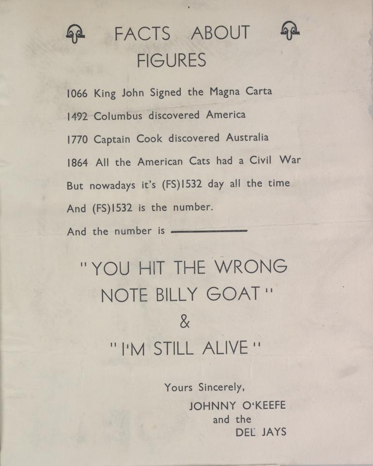 Self-published press release for Johnny O'Keefe's debut single