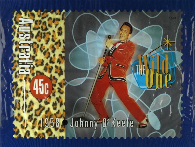 Johnny O'Keefe poster featuring postage stamp design issued in 1998 Johnny O'Keefe poster featuring 'The Wild One' stamp design
