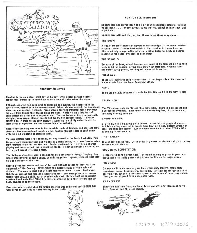 Storm Boy - Roadshow press sheet side 2 Roadshow distributor's press sheet featuring production notes, how to sell Storm Boy and details of ads to place, preview screening instructions and colouring competition