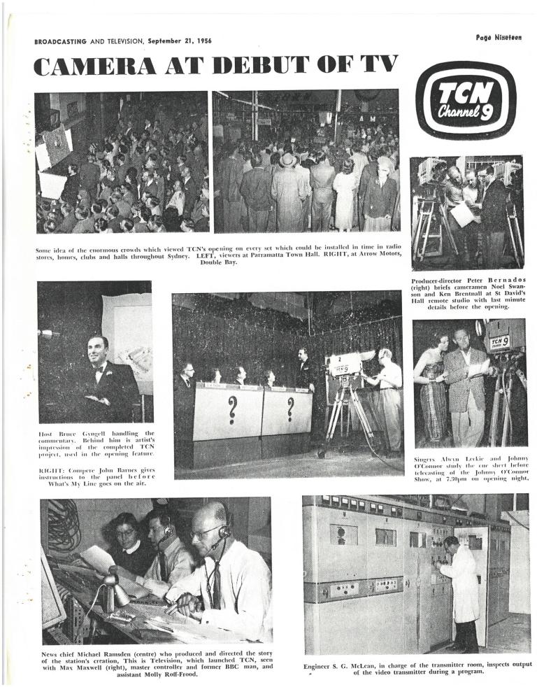 Page from B&T Journal, September 21, 1956 showing images from the first night of telvision showing crowds of people watching broadcast, camera operators at TCN studios and Bruce Gyngell presenting.