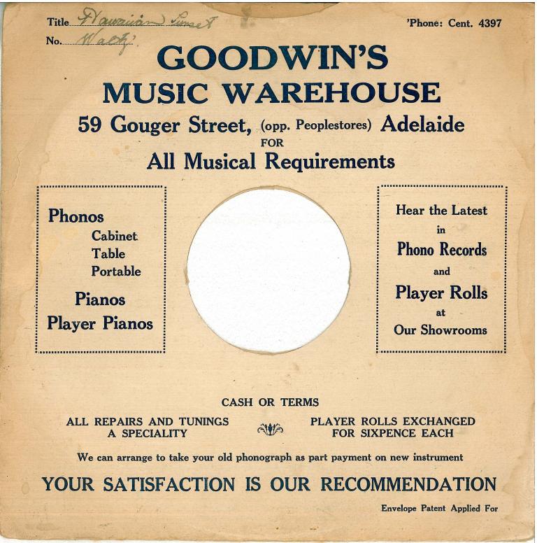 Record sleeve for Goodwin's Music Warehouse, Adelaide. Handwritten notes indicate this once held a disc containing a waltz titled 'Hawaiian Sunset'