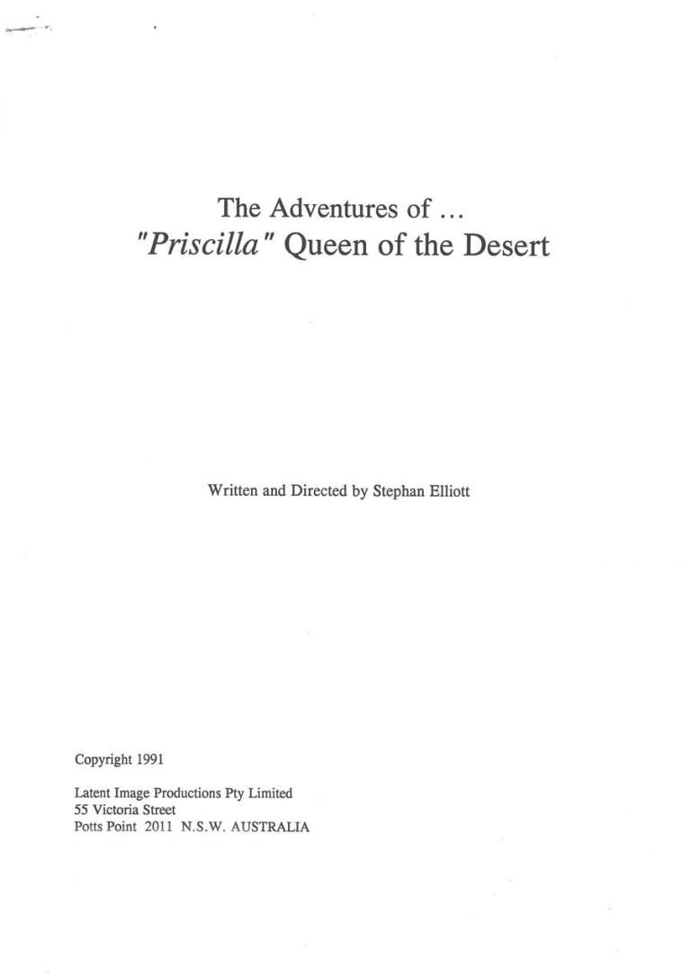 Front cover of proposal and synopsis document of 'The Adventures of Priscilla, Queen of the Desert'